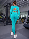 2pcs Sports Suits Long Sleeve Hollow Design Tops And Butt Lifting High Waist Seamless Fitness Leggings Sports Gym Sportswear Outfits Clothing - AL MONI EXPRESS