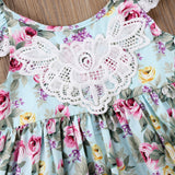 Girls' European And American Summer Flying Sleeve Off-shoulder Broken Flowers Print Lace Dress Children's Clothing Ins