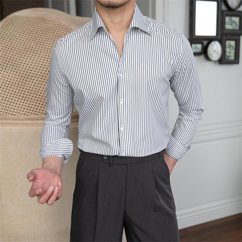 All-match Striped One-piece Collar Long-sleeved Shirt Slim Fit - AL MONI EXPRESS