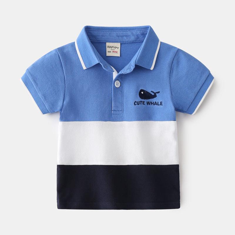 Boys Color Block Lapel Tops Korean Children's Clothing Boys Embroidered Shirts Baby Summer Trends - Almoni Express