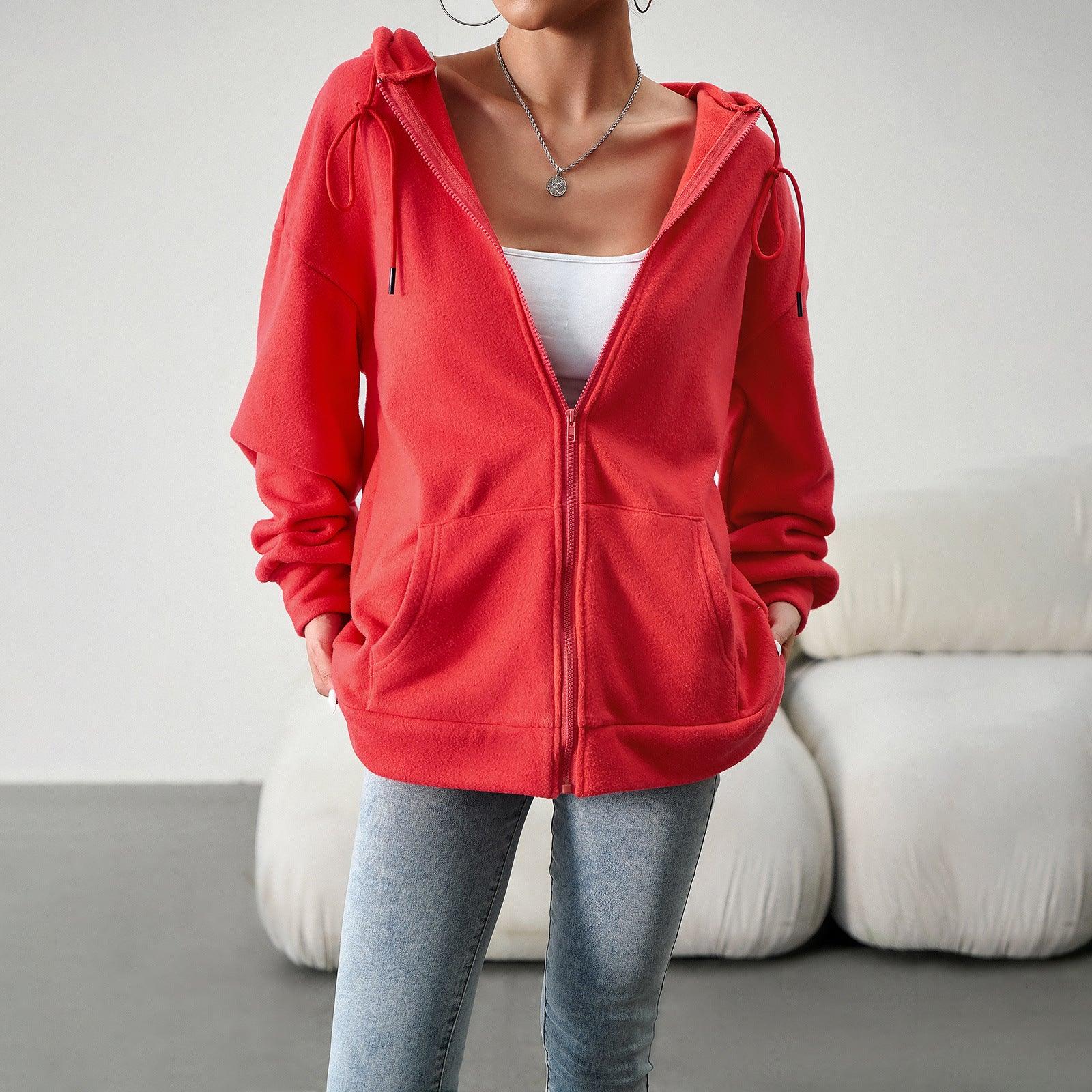 Casual Fashion Hooded Cardigan Jacket With Pockets Winter And Autumn Loose Sports Coat Women Solid Outwear Clothing - Almoni Express