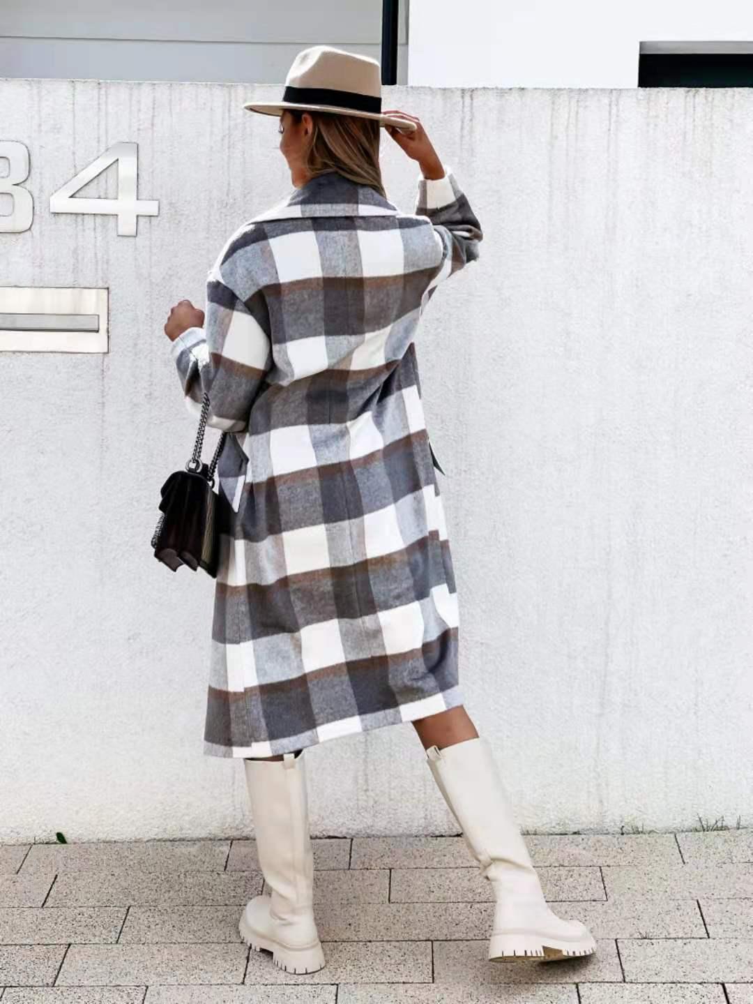Checked Mid-length Coat Lapel Tie Woolen Coat - Almoni Express