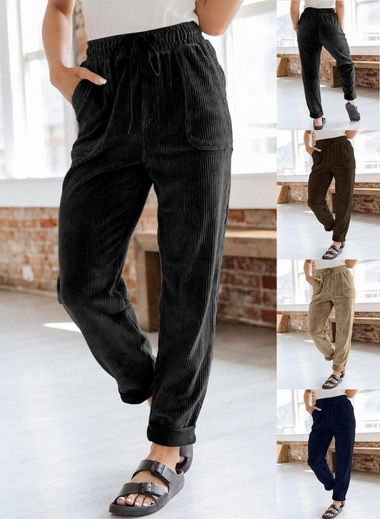 Corduroy Trousers For Women Casual Fashion Solid Color Elastic Waist Wide Leg Pants With Pockets - AL MONI EXPRESS
