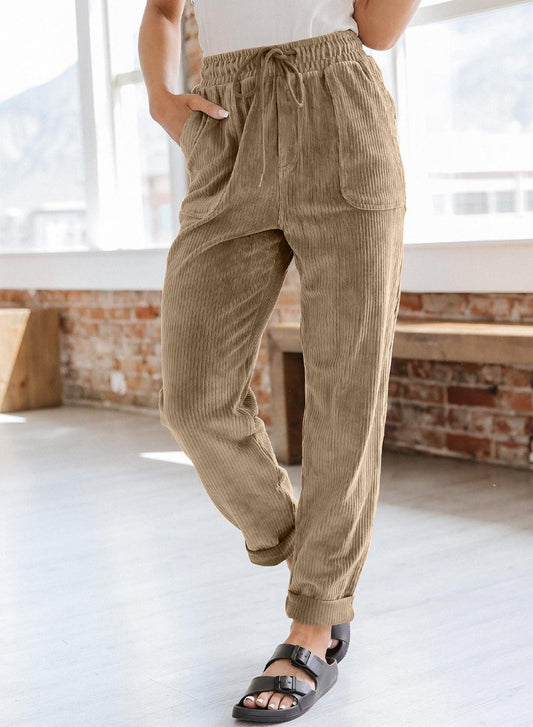 Corduroy Trousers For Women Casual Fashion Solid Color Elastic Waist Wide Leg Pants With Pockets - AL MONI EXPRESS