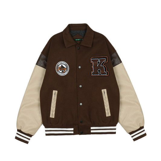 Embroidered PU Leather Sleeve Stitching Baseball Jacket Cotton Jacket Men - Almoni Express