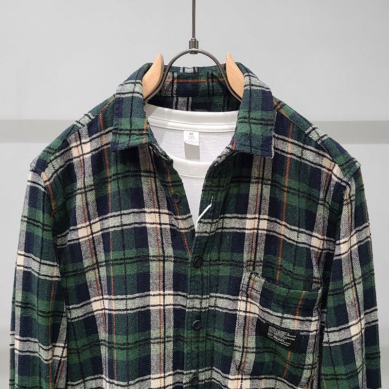 Green Plaid Cotton Long Sleeve Shirt - AL MONI EXPRESS
