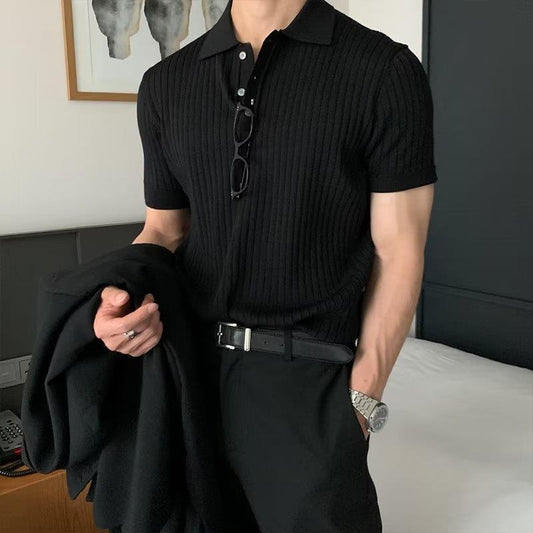 Lapel Polo Shirt Men's Fashion Brand Casual Summer Texture Solid Color Korean Style Knitwear Short Sleeve T-shirt - AL MONI EXPRESS