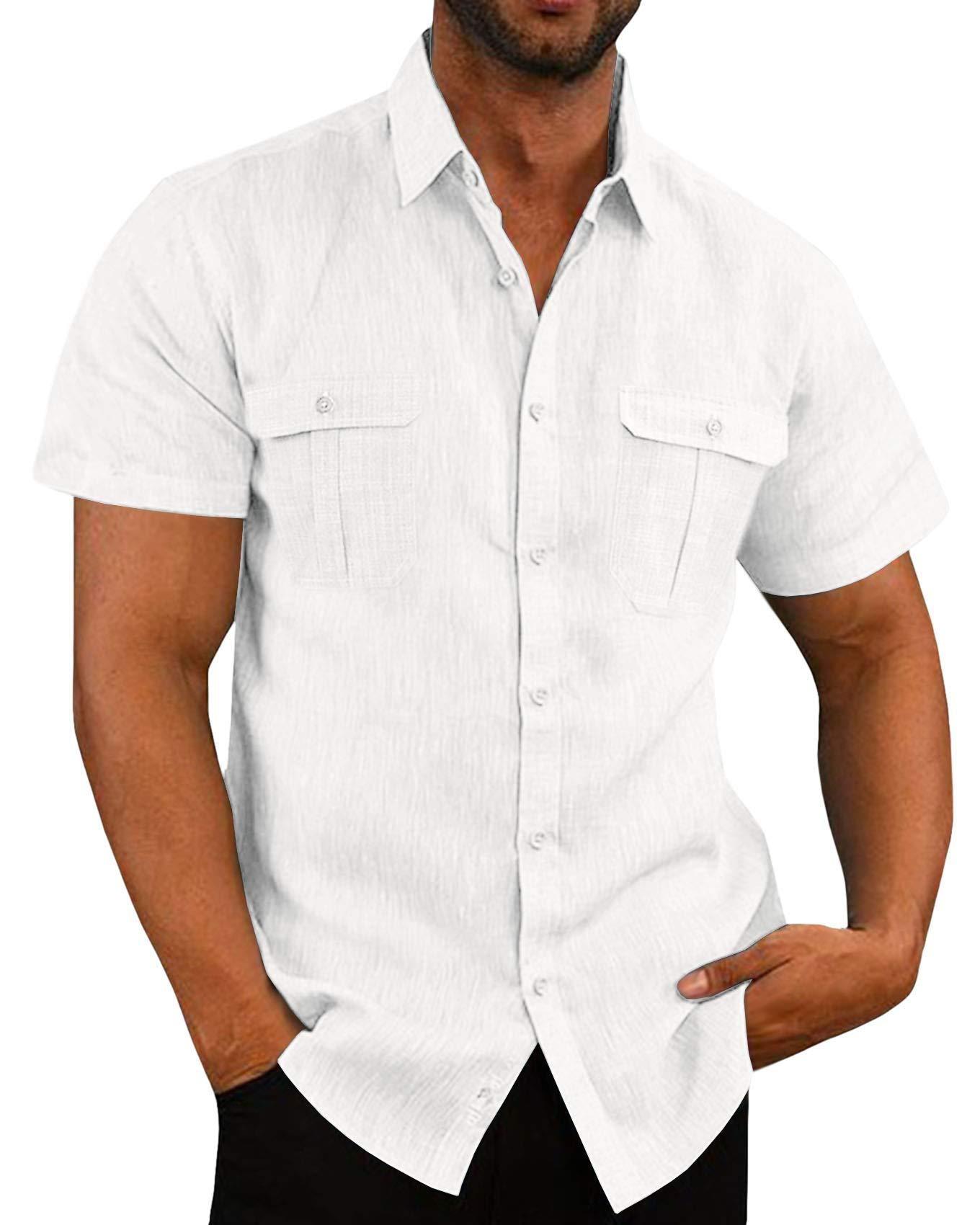 Men's Button Short Sleeve Shirt Summer Casual Double Pocket Wide Collar Beach Shirt Summer - AL MONI EXPRESS