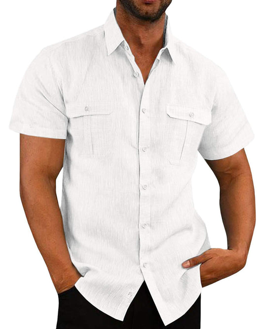 Men's Button Short Sleeve Shirt Summer Casual Double Pocket Wide Collar Beach Shirt Summer - AL MONI EXPRESS