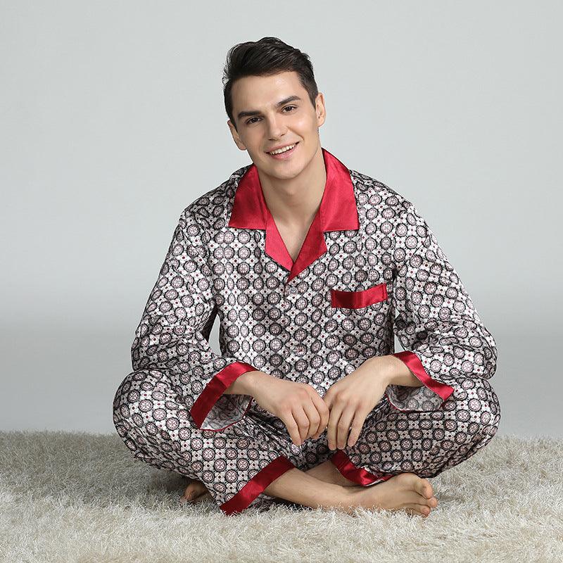 Men's Printed Silk Pajamas Spring And Summer Long-Sleeved Suit - Almoni Express