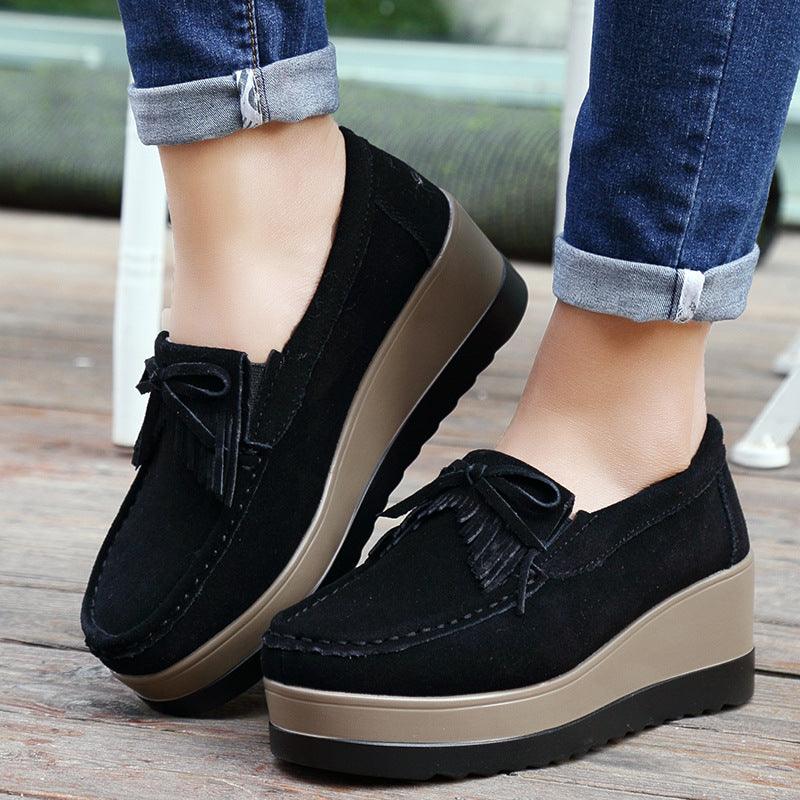 New Tassel Bow Design Shoes For Woman Fashion Thick Bottom Wedges Shoes Casual Slip On Solid Color Flats - AL MONI EXPRESS