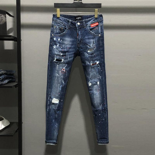 Painted Speckled Decoration Vintage Personalized Beggar Slim Fit Distressed Jeans - Almoni Express