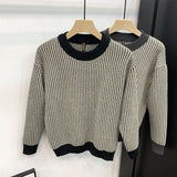 Round Neck Base Slim Fit Pullover Thick Plaid Sweater - Almoni Express