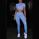 Seamless Yoga Sport Set Fitness Women Running Leggings Short Sleeve Tops - AL MONI EXPRESS