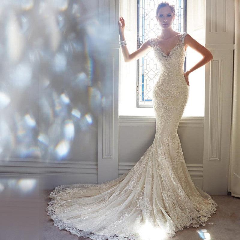 Sexy Halter Brigade Shooting Seaside Beach Location Mermaid Tail Light Wedding Dress - Almoni Express