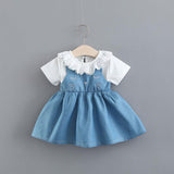 Summer Children Shirt New Solid Color Rabbit Ears Denim Fake Two-piece Skirt Female Children Children's Clothing - Almoni Express