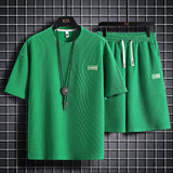 Tracksuit Short Sleeve Set Waffle Cotton Breathable Plaid Fabric Mens Casual Two Piece Set Fashion Sports Suit - Almoni Express