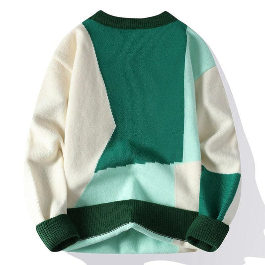 Vintage Sweater Men's Color Contrast Patchwork Round Neck Loose Knitted Sweater - Almoni Express