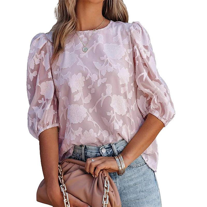 Women's Puff Sleeve Chiffon Loose Top Flower Texture Shirt - AL MONI EXPRESS
