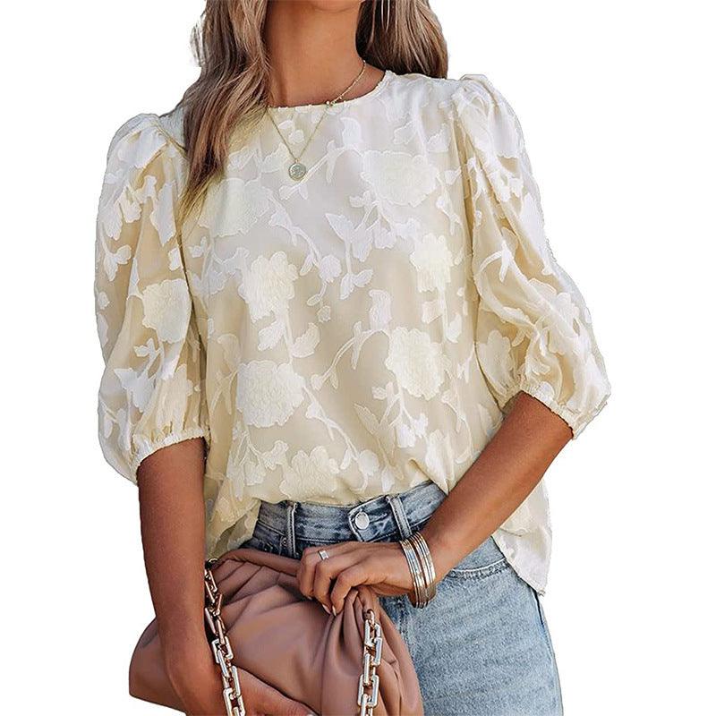 Women's Puff Sleeve Chiffon Loose Top Flower Texture Shirt - AL MONI EXPRESS