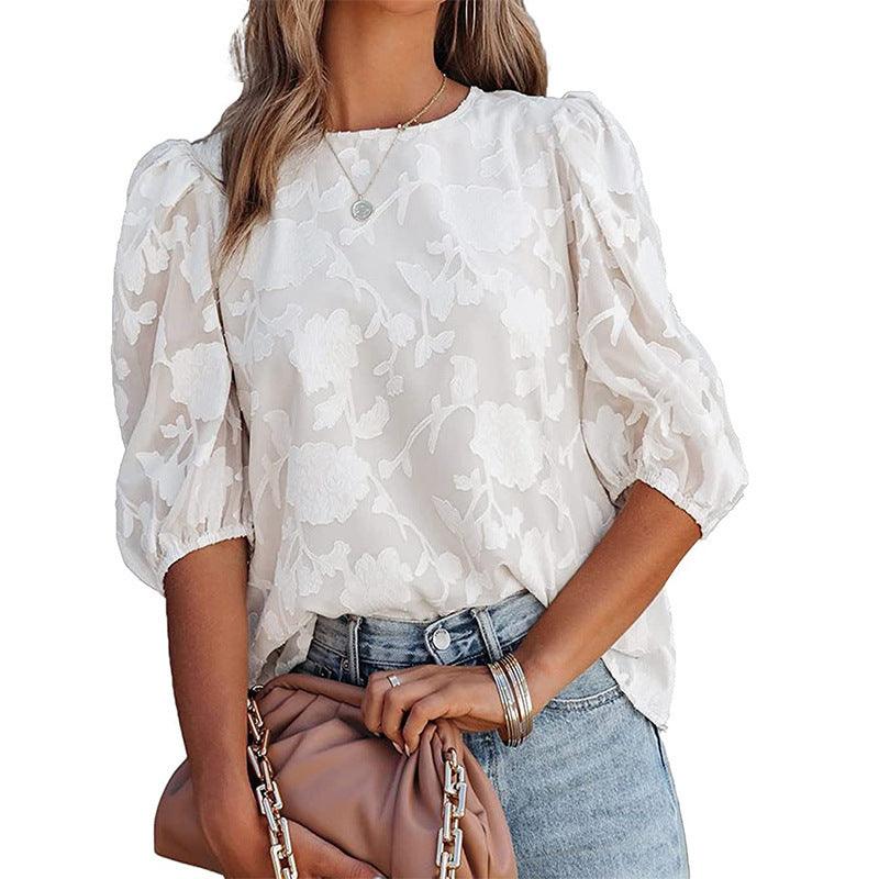 Women's Puff Sleeve Chiffon Loose Top Flower Texture Shirt - AL MONI EXPRESS