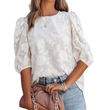 Women's Puff Sleeve Chiffon Loose Top Flower Texture Shirt - AL MONI EXPRESS