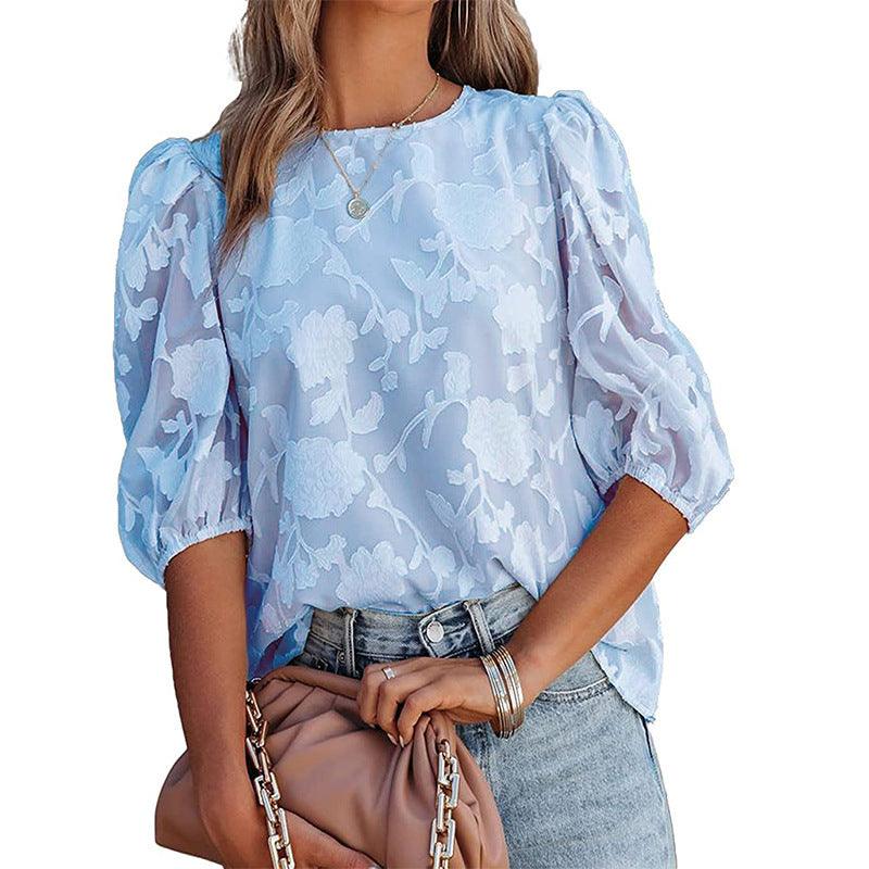 Women's Puff Sleeve Chiffon Loose Top Flower Texture Shirt - AL MONI EXPRESS