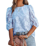 Women's Puff Sleeve Chiffon Loose Top Flower Texture Shirt - AL MONI EXPRESS