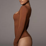 Women's Sexy Square Neck Bodysuit Long Sleeve Double Lined Shirt Tops - AL MONI EXPRESS