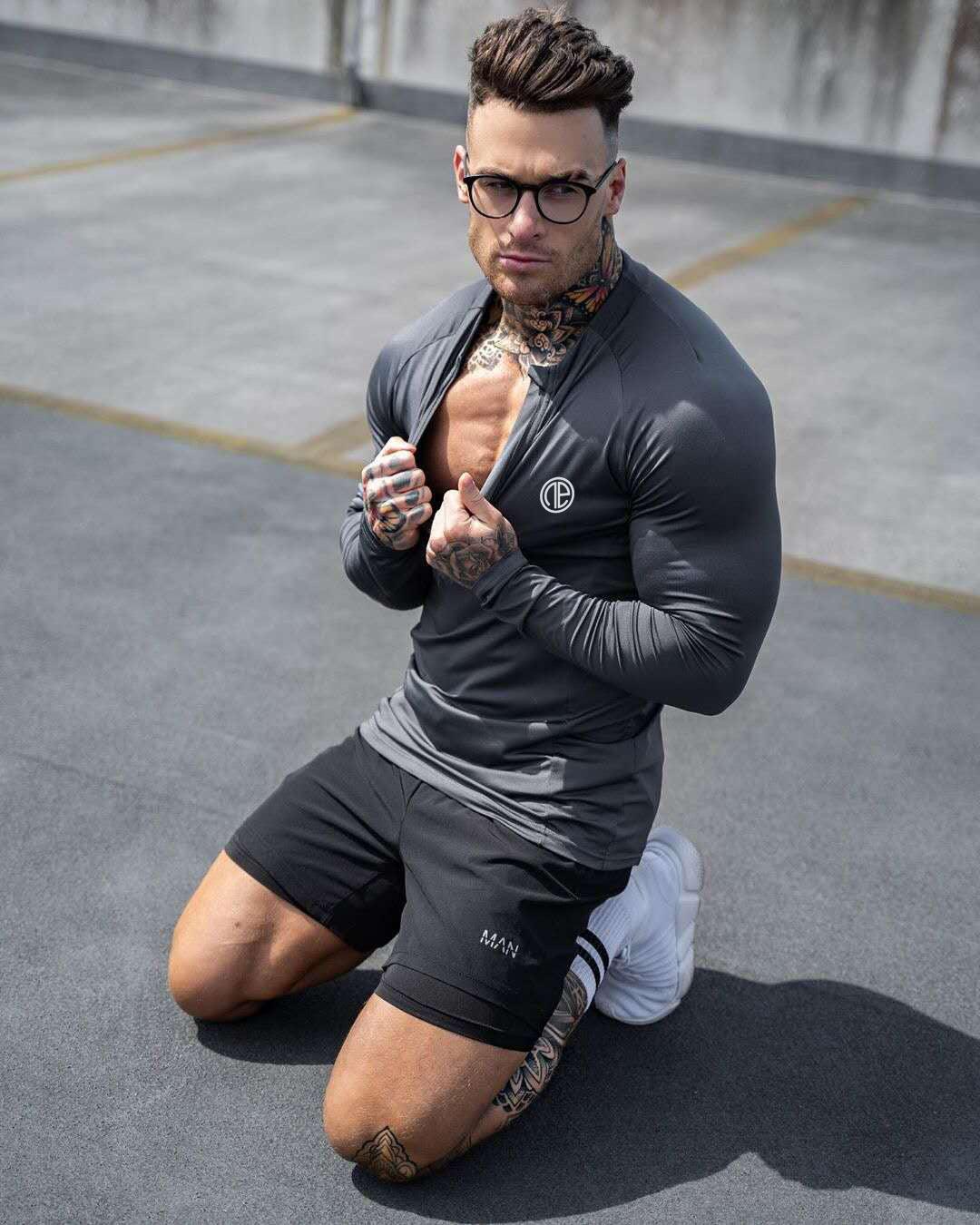 Zipper Neck Fitness Shirts Men Black Long Sleeve GYM Sport Tshirt - AL MONI EXPRESS