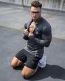Zipper Neck Fitness Shirts Men Black Long Sleeve GYM Sport Tshirt - AL MONI EXPRESS