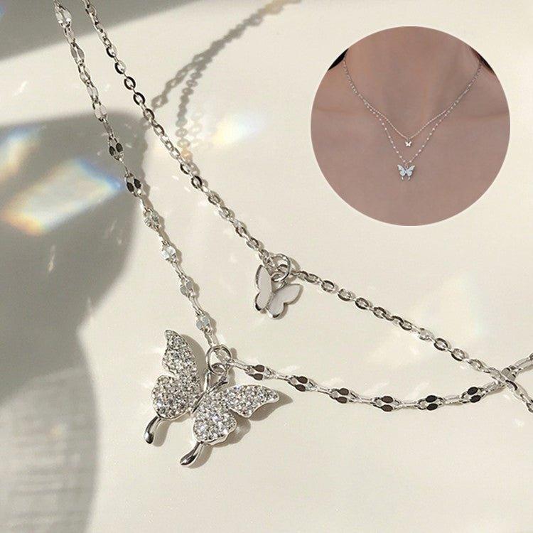 Fashion Jewelry Elegant Silver Color Shiny Butterfly Necklaces Ladies Exquisite Double Layer Clavicle Chain Necklace Jewelry Gift - AL MONI EXPRESS