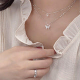 Fashion Jewelry Elegant Silver Color Shiny Butterfly Necklaces Ladies Exquisite Double Layer Clavicle Chain Necklace Jewelry Gift - AL MONI EXPRESS