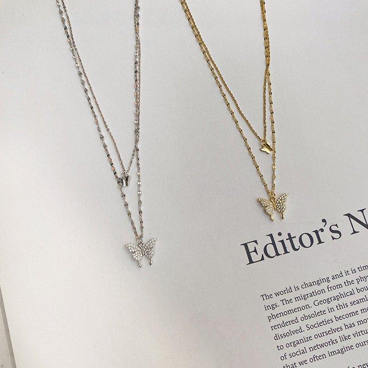Fashion Jewelry Elegant Silver Color Shiny Butterfly Necklaces Ladies Exquisite Double Layer Clavicle Chain Necklace Jewelry Gift - AL MONI EXPRESS