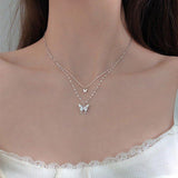 Fashion Jewelry Elegant Silver Color Shiny Butterfly Necklaces Ladies Exquisite Double Layer Clavicle Chain Necklace Jewelry Gift - AL MONI EXPRESS